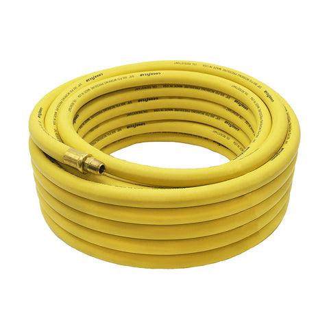 Goodyear professional yellow air hose, 50ft, 3/8-in NPT fittings, ideal for versatile shop air delivery.