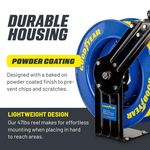Goodyear ratchet lock on reel enables secure extension length.