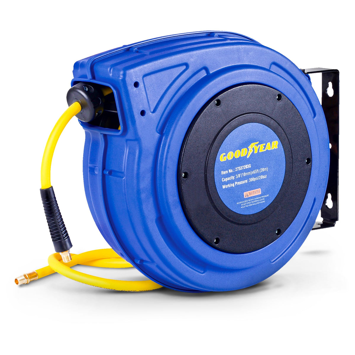 Goodyear air hose reel with enclosed case for durable indoor and outdoor use
