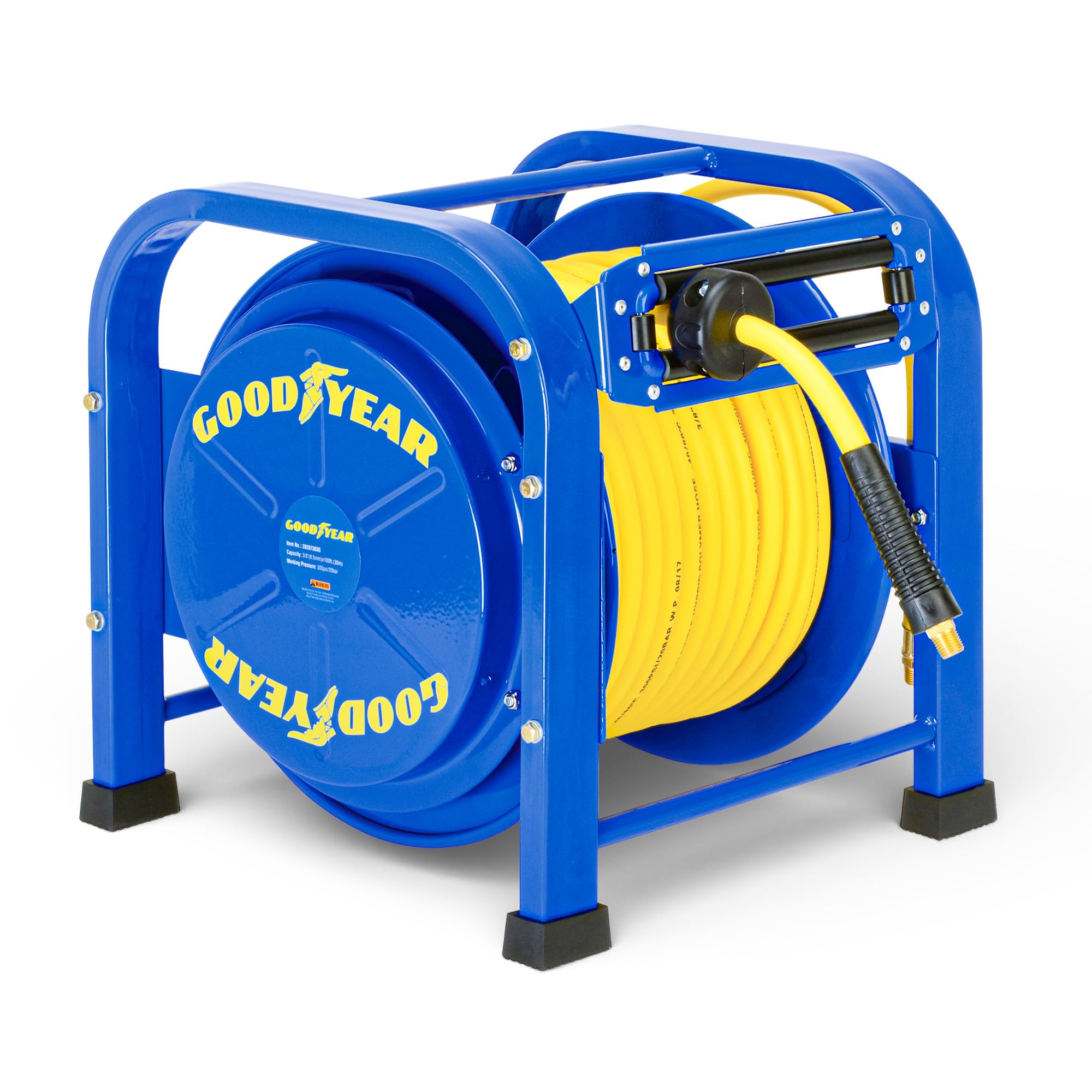 Goodyear retractable air hose reel in action, delivering smooth, tangle-free retraction.