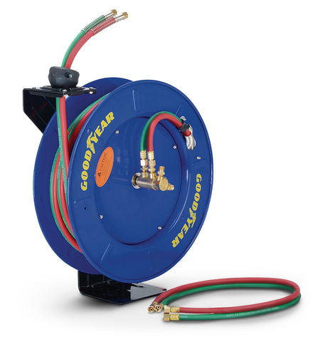 Goodyear retractable welding hose reel with twin hoses reduces tangling in busy shops.