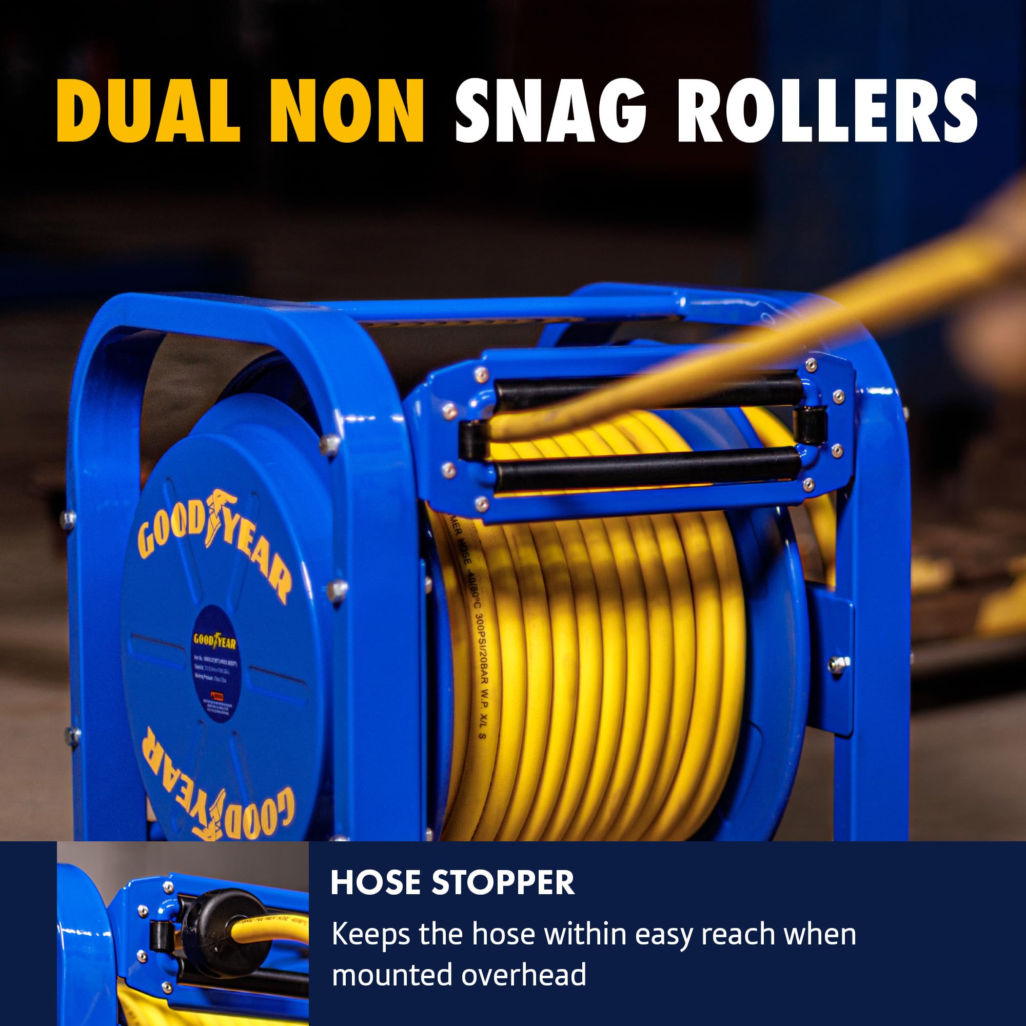 Spring-driven retraction keeps hoses neatly stored.