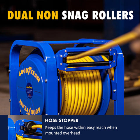 Spring-driven retraction keeps hoses neatly stored.