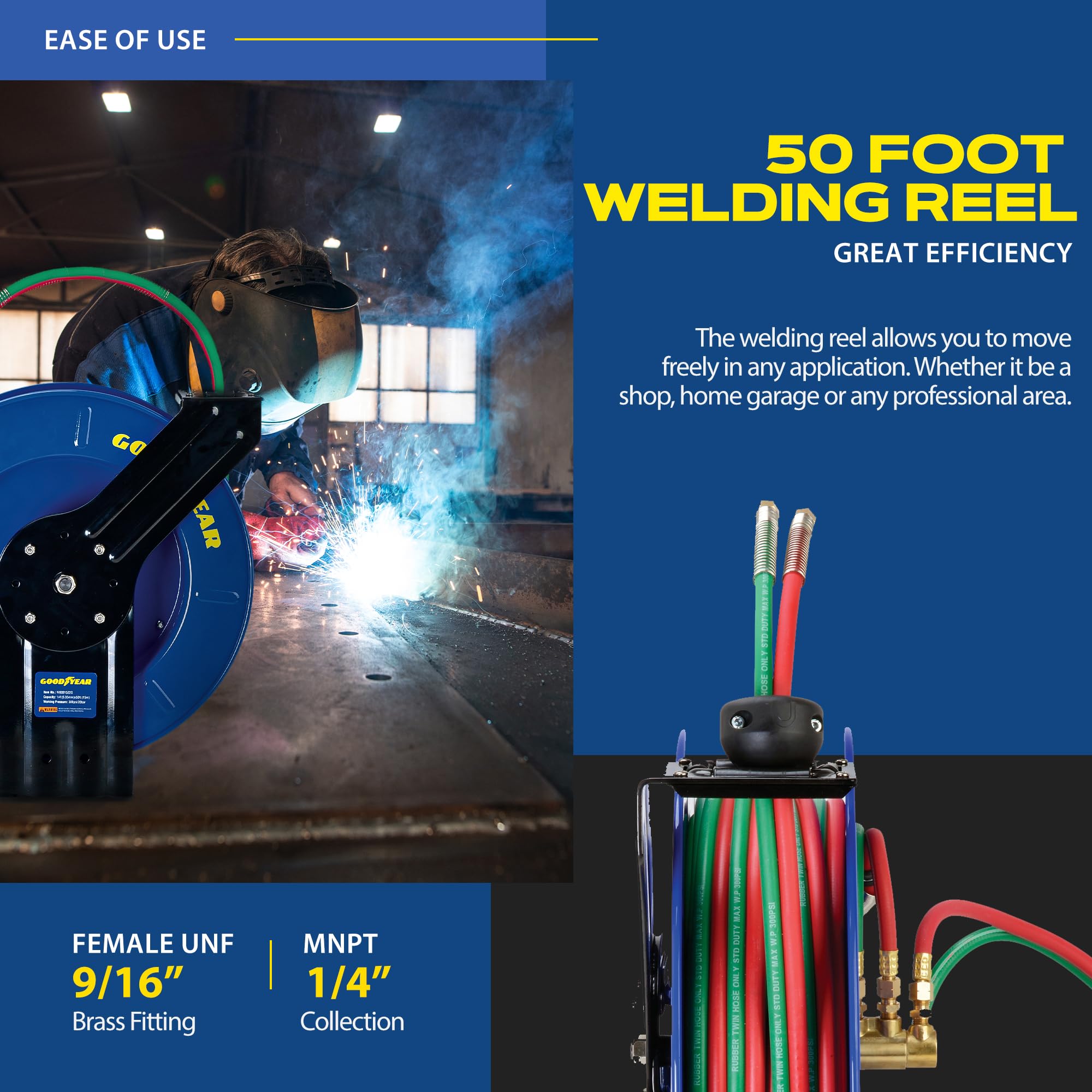 Goodyear steel reel frame stands up to demanding workshop environments.