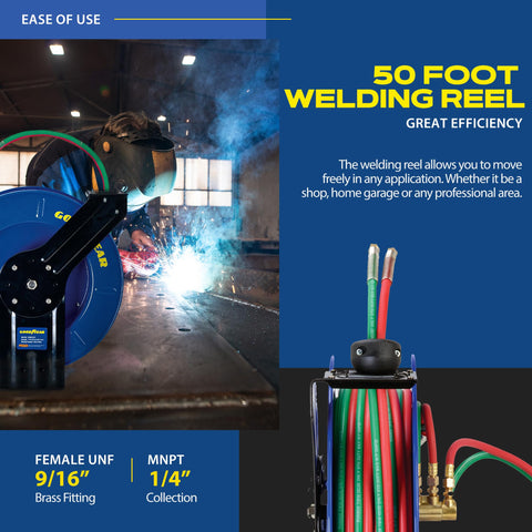 Goodyear steel reel frame stands up to demanding workshop environments.