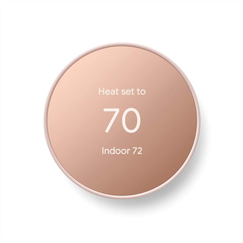Google Nest Thermostat on wall in sand finish offers simple temperature control.