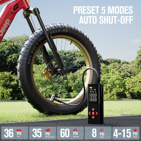 GOOLOO AP150 inflation modes panel supports car, SUV, bike, and ball inflations.