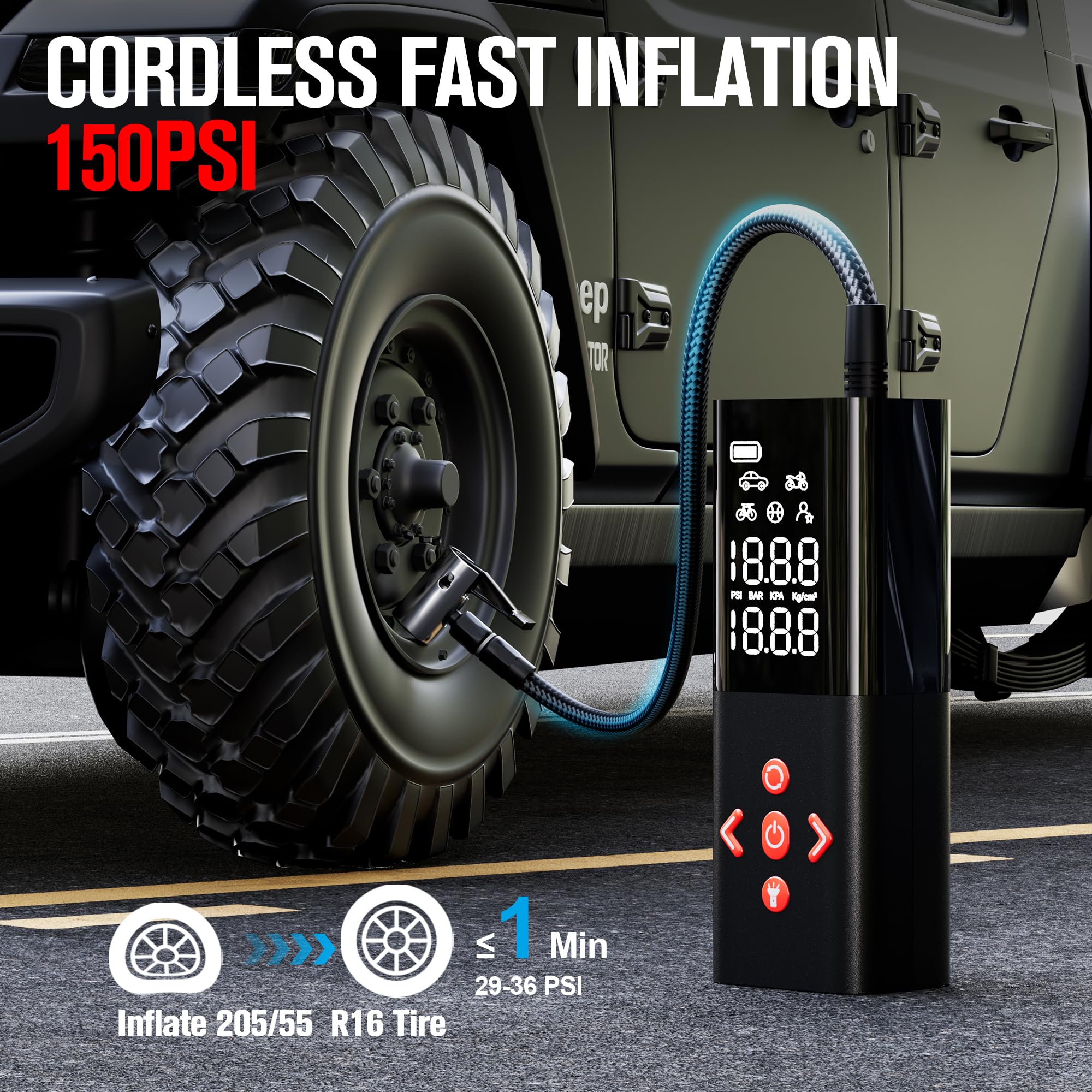 GOOLOO AP150 LED digital display shows real-time pressure for accurate inflation.