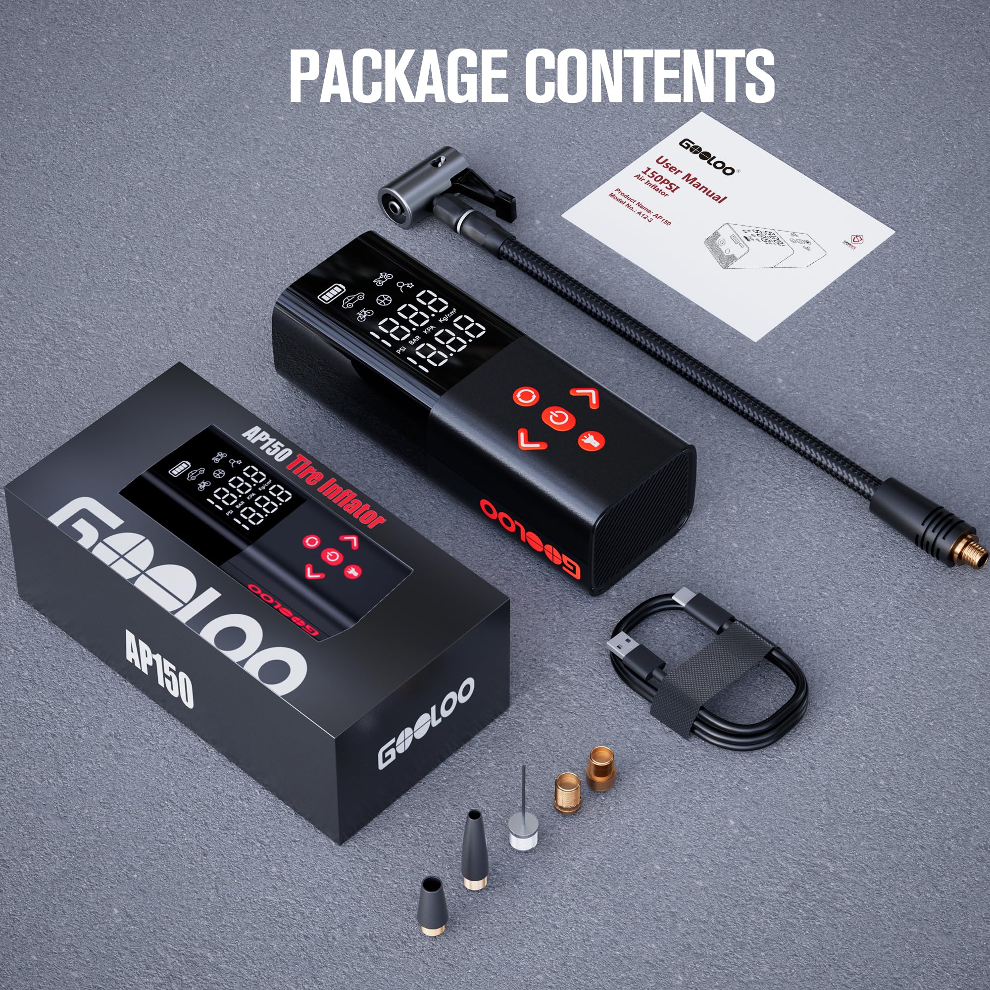 GOOLOO AP150 includes multiple nozzles for bikes, balls, and tires.