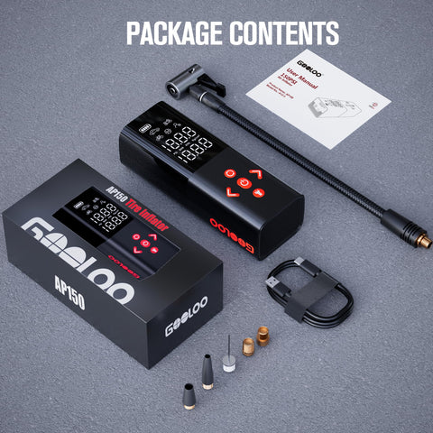GOOLOO AP150 includes multiple nozzles for bikes, balls, and tires.