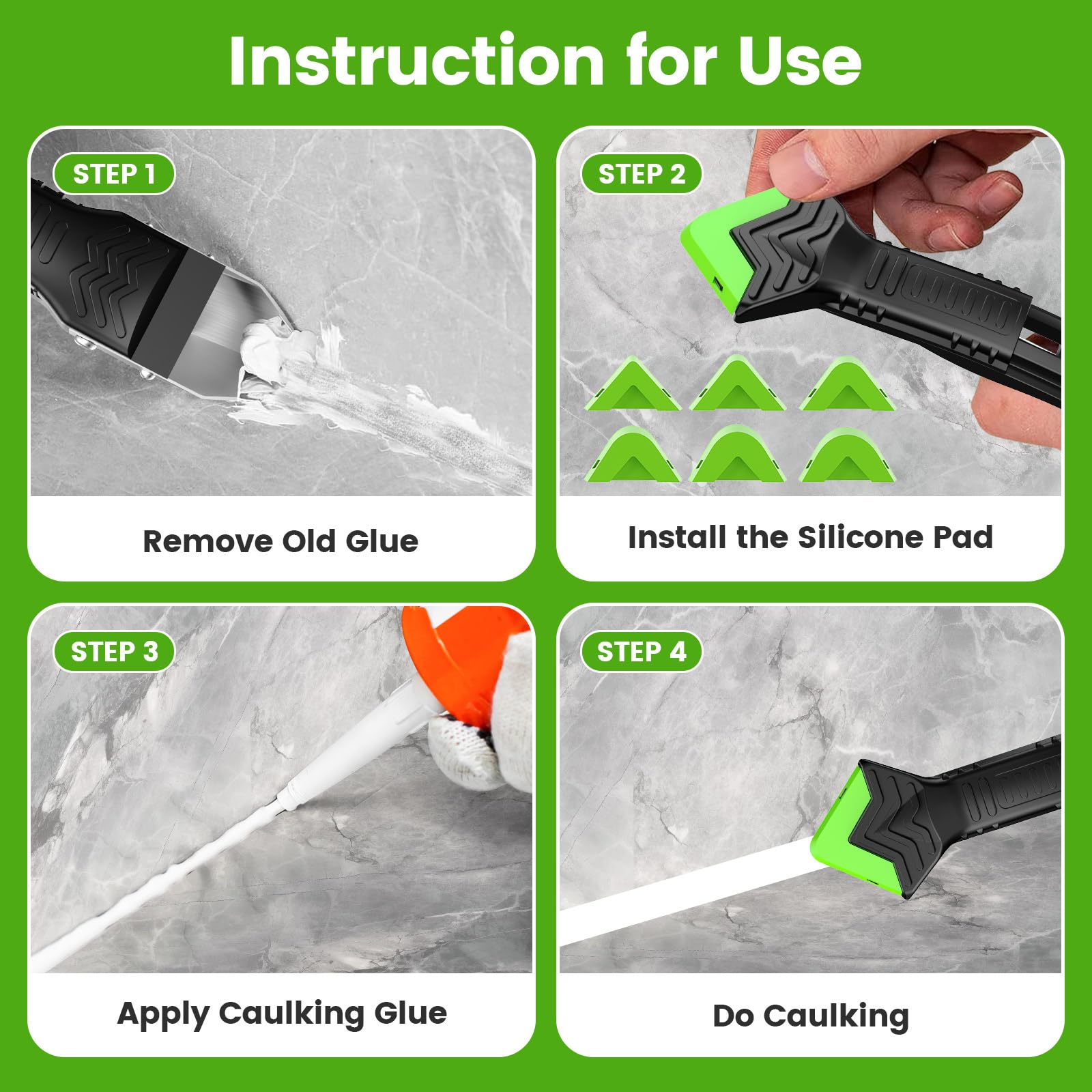 Goopreen stainless steel scraper removes old caulk without scratching.