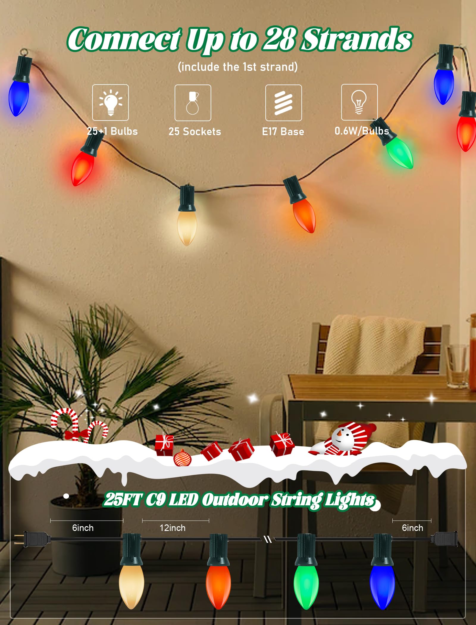 GOOTHY C9 multicolor bulbs on 25ft string offer vibrant holiday color across spaces.
