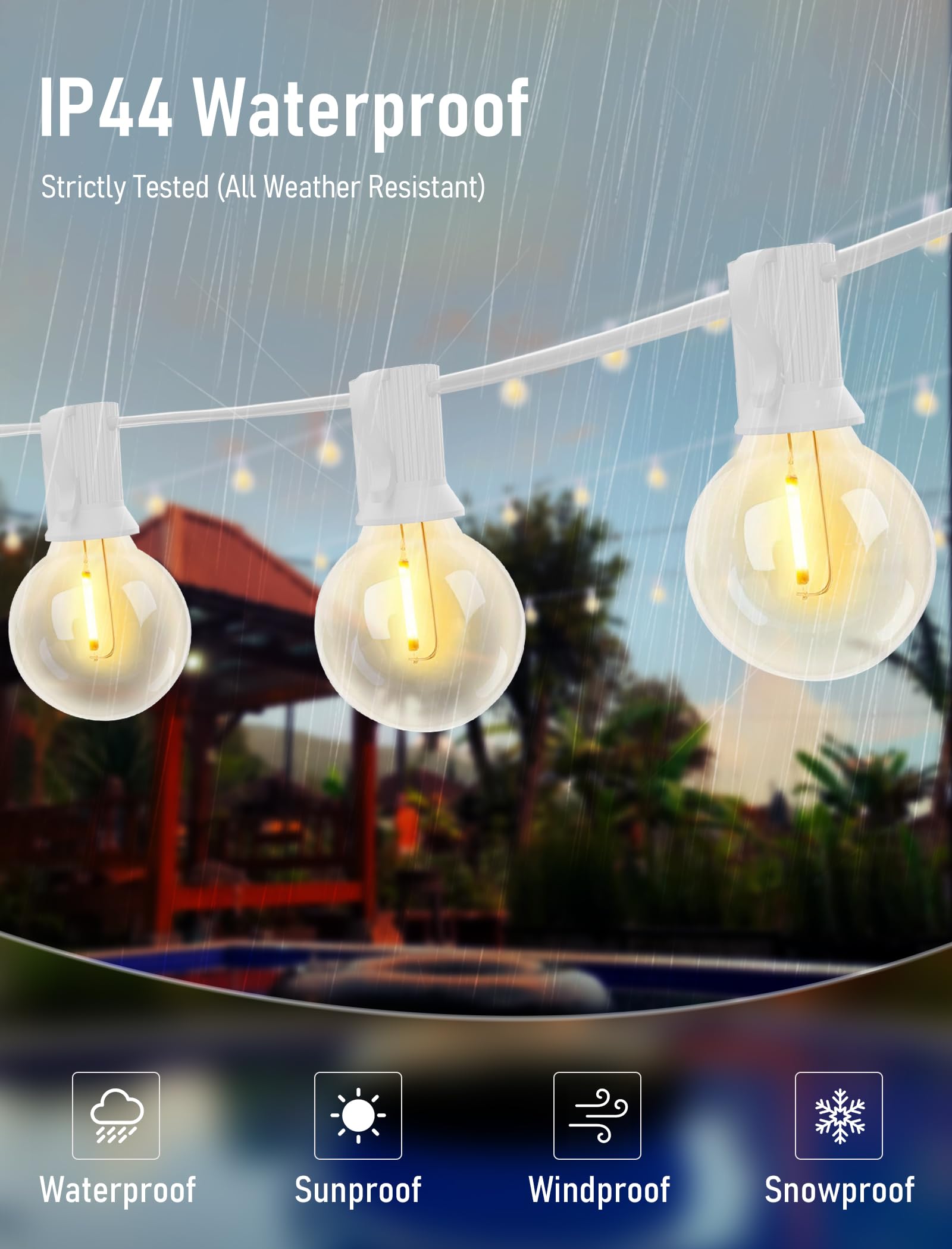 Goothy bulbs hung on a tree for quick outdoor lighting setup.