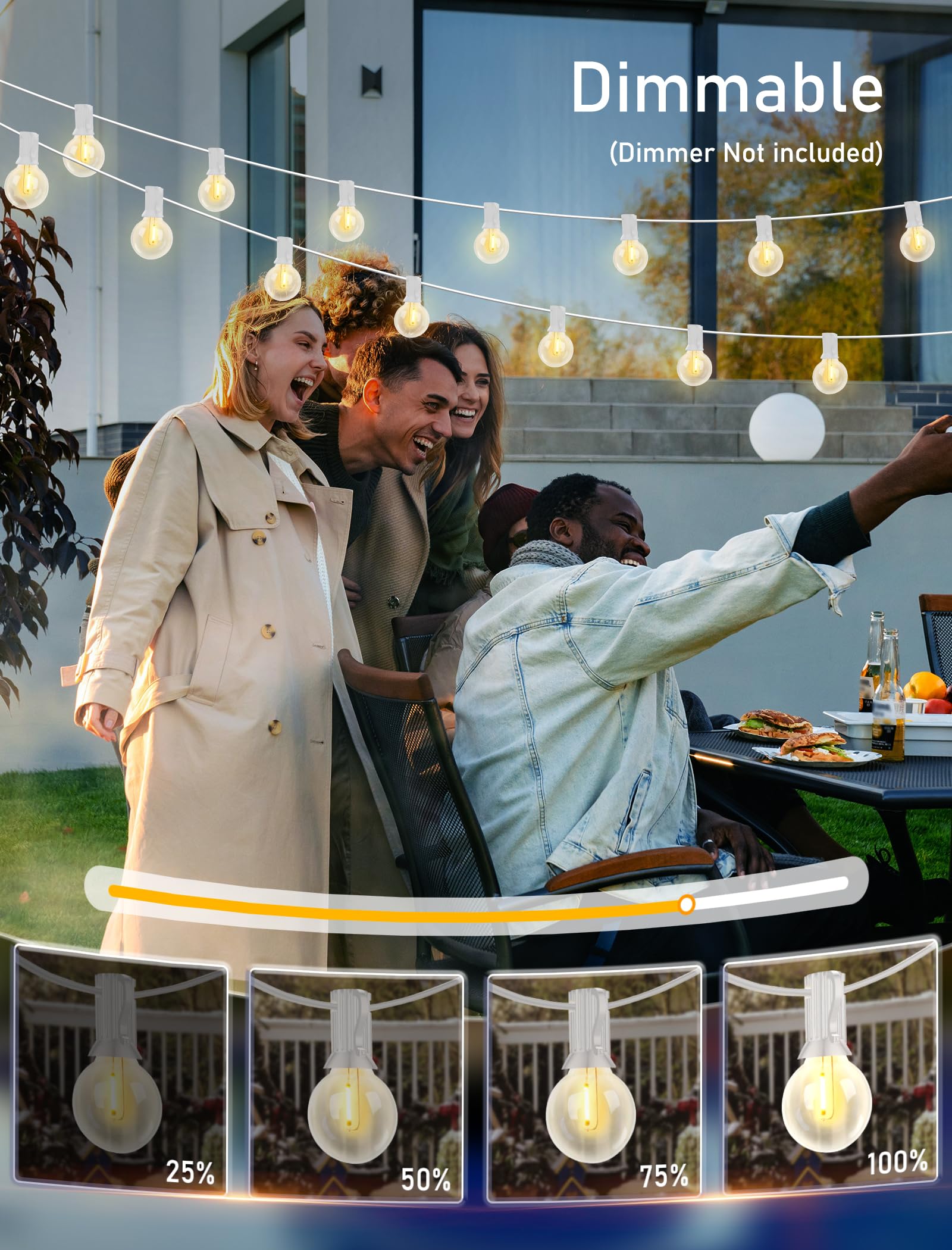 Goothy string lights create cozy patio ambience at dusk.