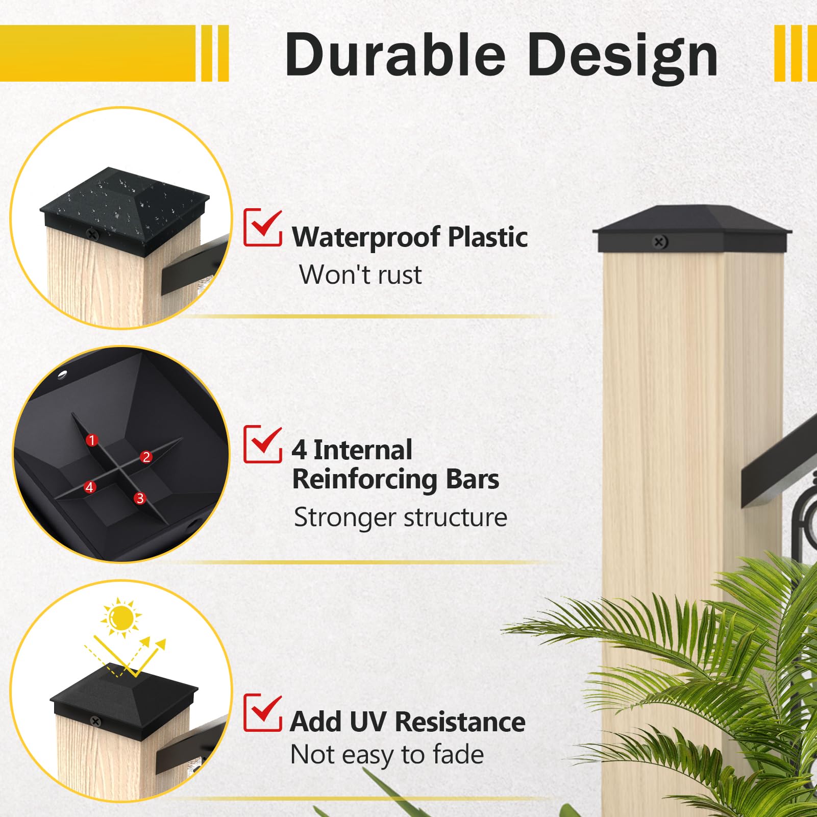 Goovilla 4x4 post cap black installation screws shown for quick setup