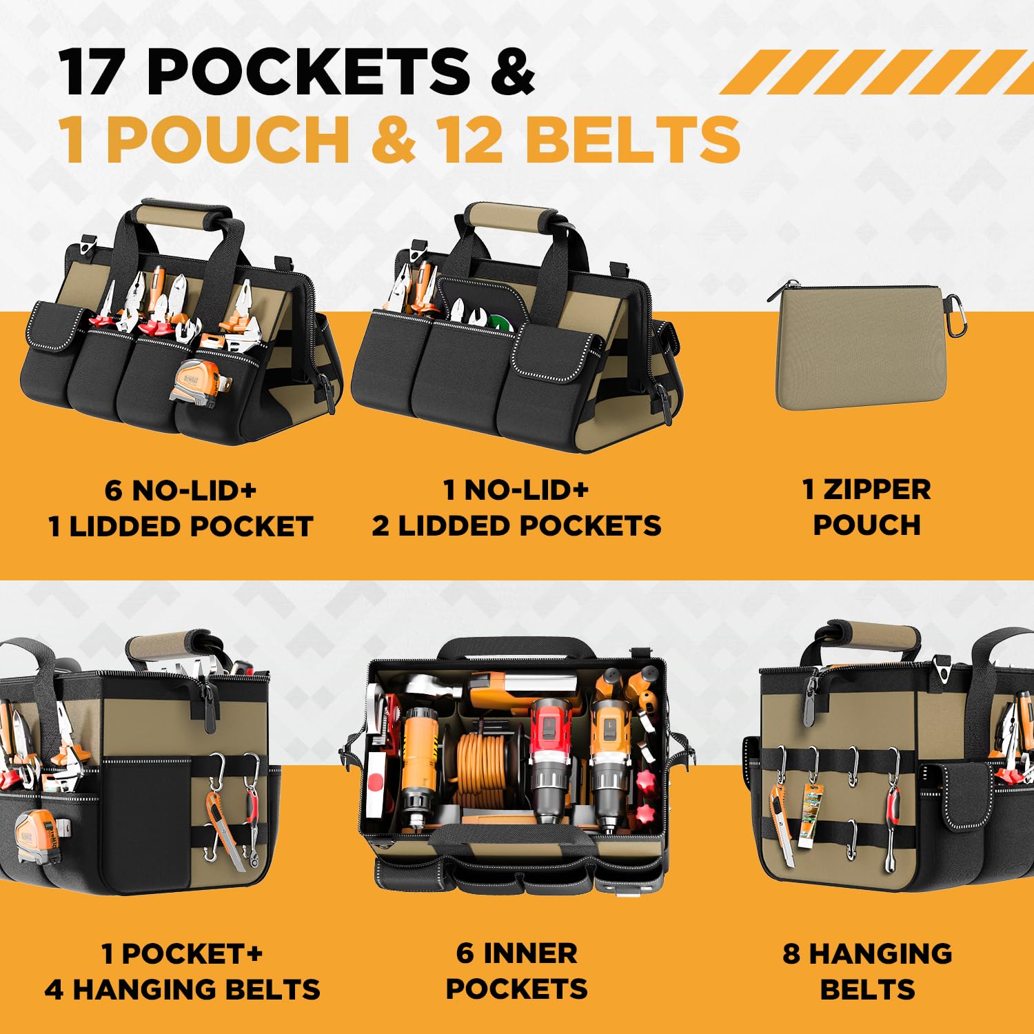 Goovilla tool bag 17 pockets organization highlights varied storage