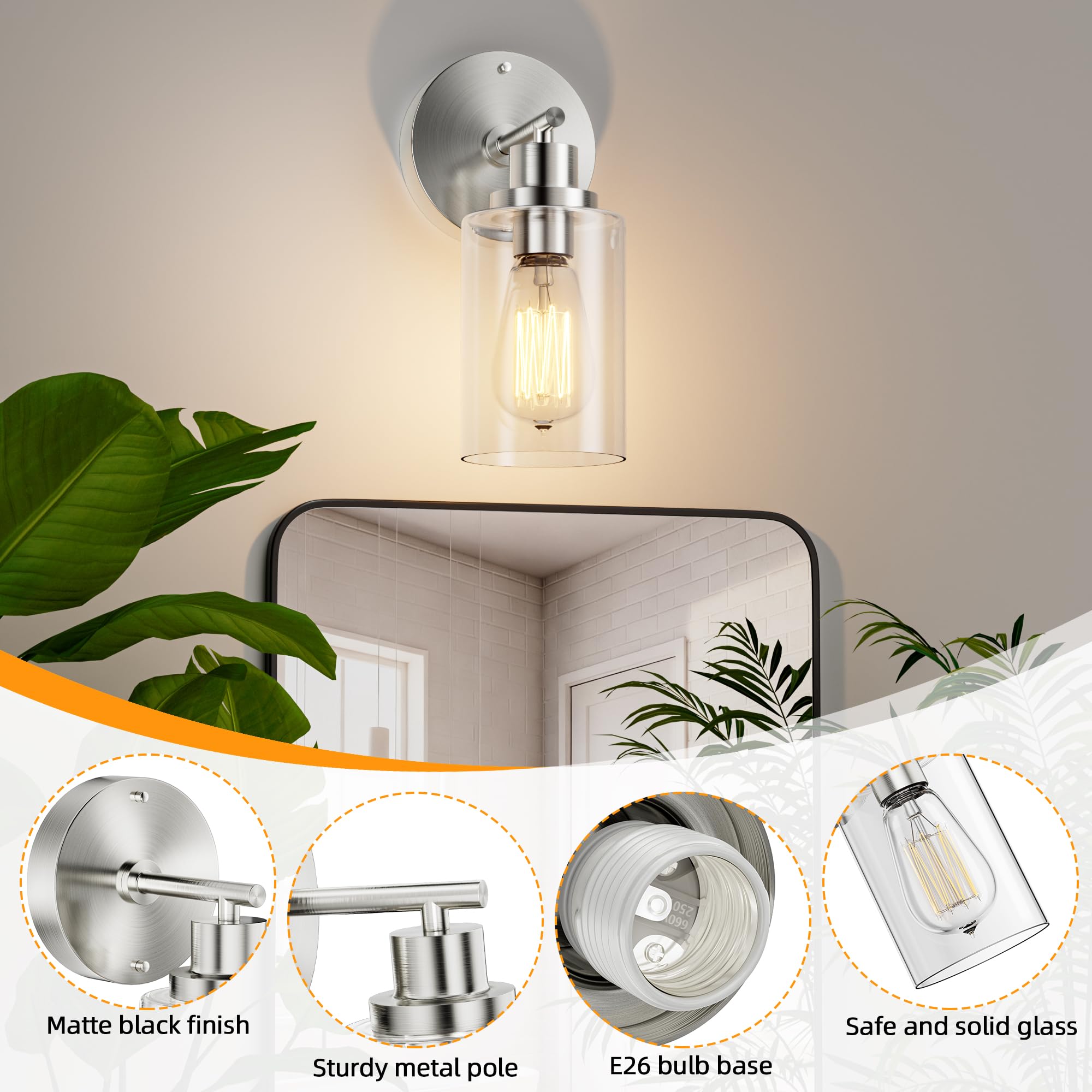 GORDNWE brushed nickel vanity light complements contemporary and rustic interiors