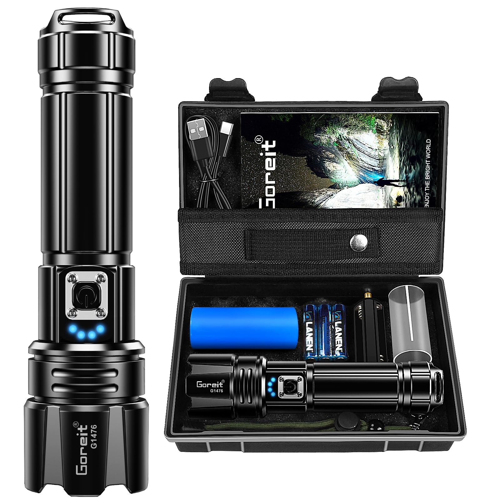 Goreit G1476 front view shows a compact, high-lumen flashlight ready for heavy-duty use.