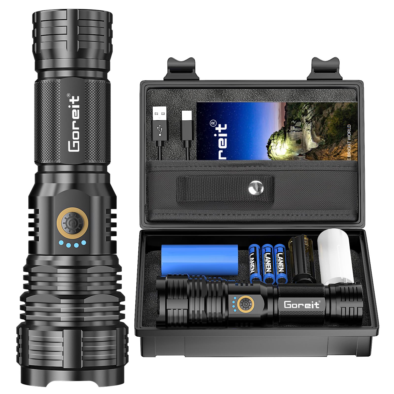 Goreit G1915 20k lumen beam highlights long range visibility for camping and search tasks