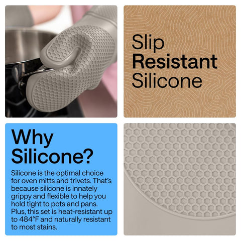 Gorilla Grip almond oven mitt in use demonstrates heat protection and flexible fit