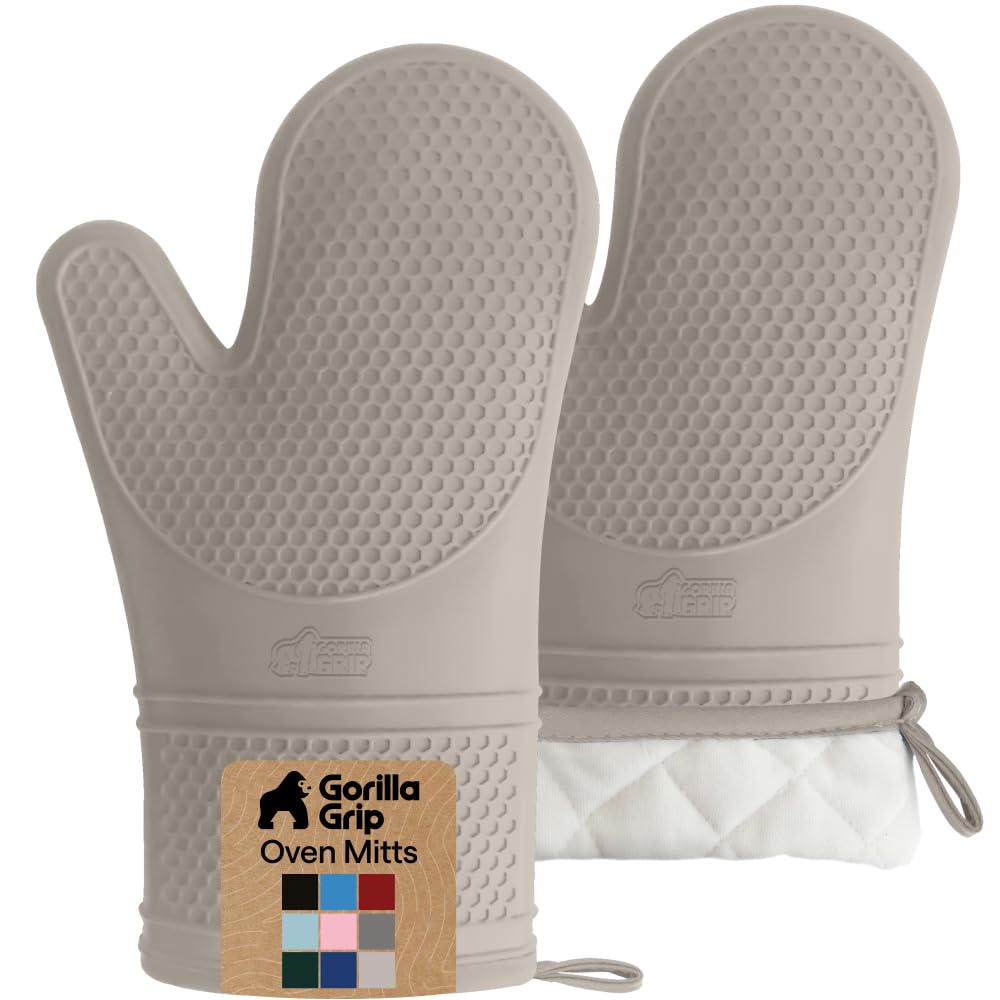 GORILLA GRIP Almond silicone mitt with honeycomb texture for a secure grip while cooking.