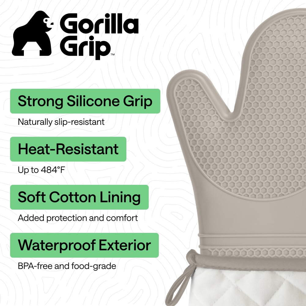 GORILLA GRIP Almond mitt showcases waterproof and stain-resistant design for easy cleanup.