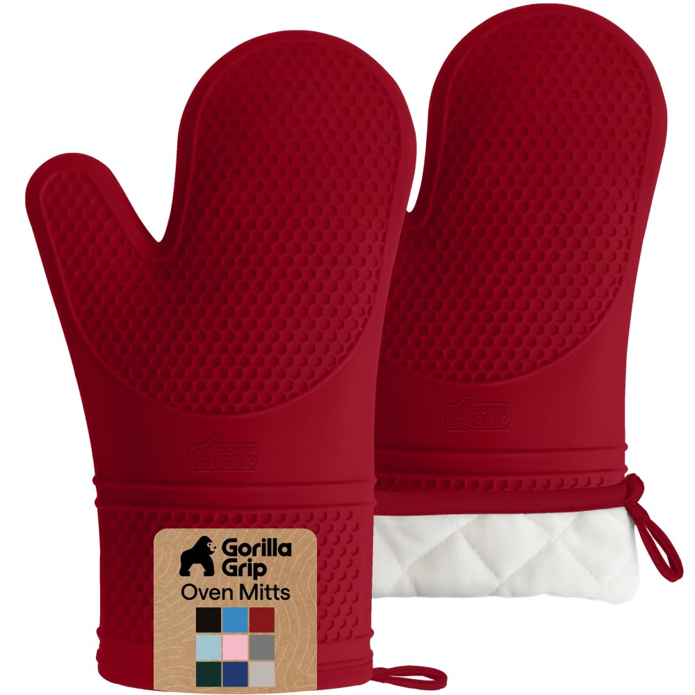 Gorilla Grip BPA-free silicone oven mitt in red for a secure grip on hot pots