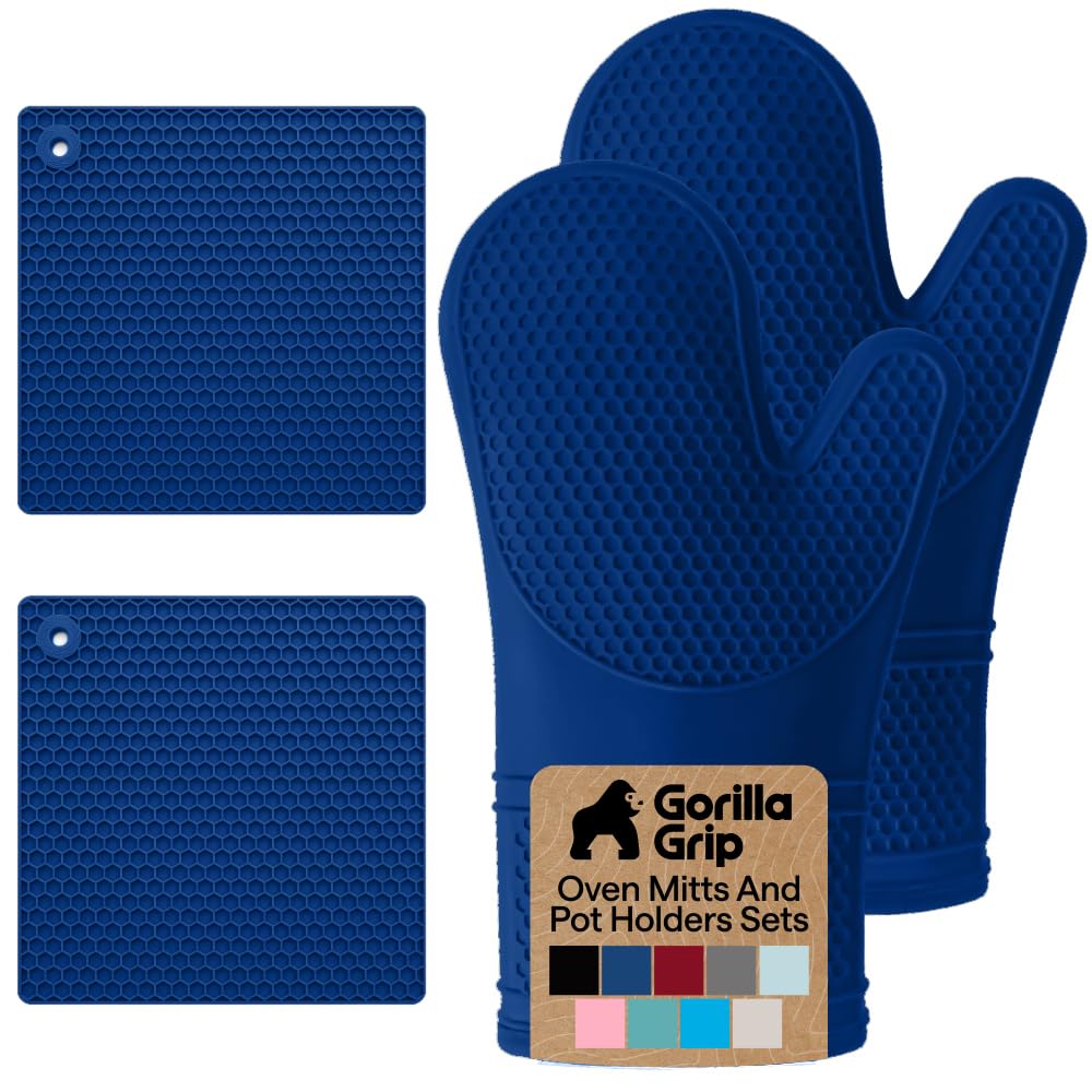 Gorilla Grip BPA-free blue silicone oven mitts provide a secure grip