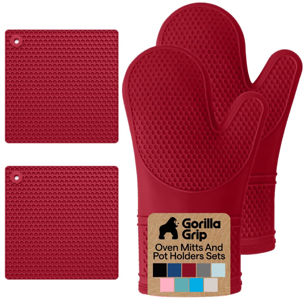 GORILLA GRIP red silicone mitts and trivets provide a secure grip on hot cookware