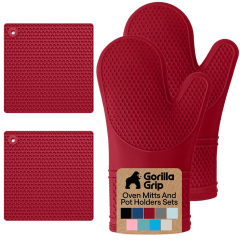GORILLA GRIP red silicone mitts and trivets provide a secure grip on hot cookware