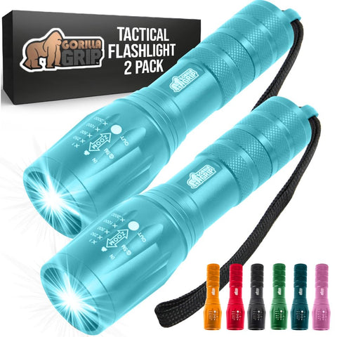 GORILLA GRIP flashlight turquoise body with 750ft beam for long-range visibility.