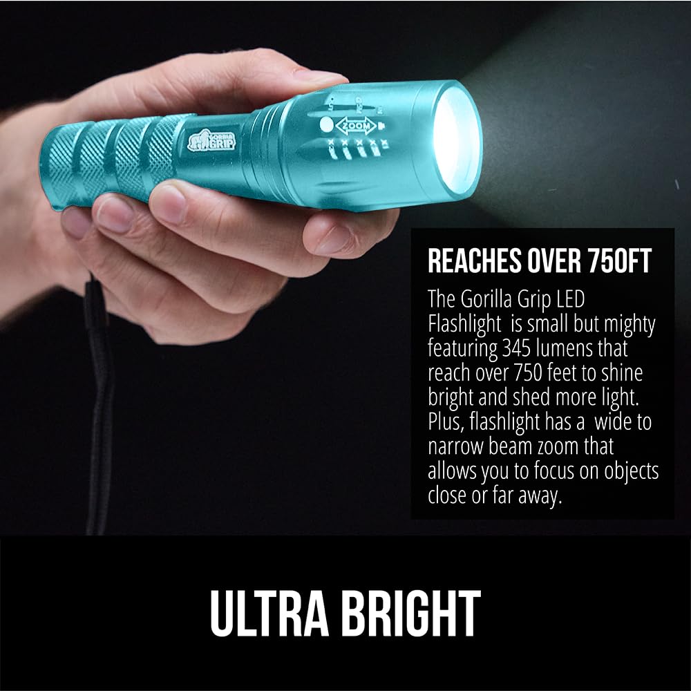 GORILLA GRIP flashlight features water-resistant body for outdoor use.
