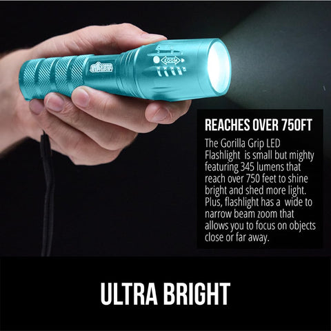 GORILLA GRIP flashlight features water-resistant body for outdoor use.