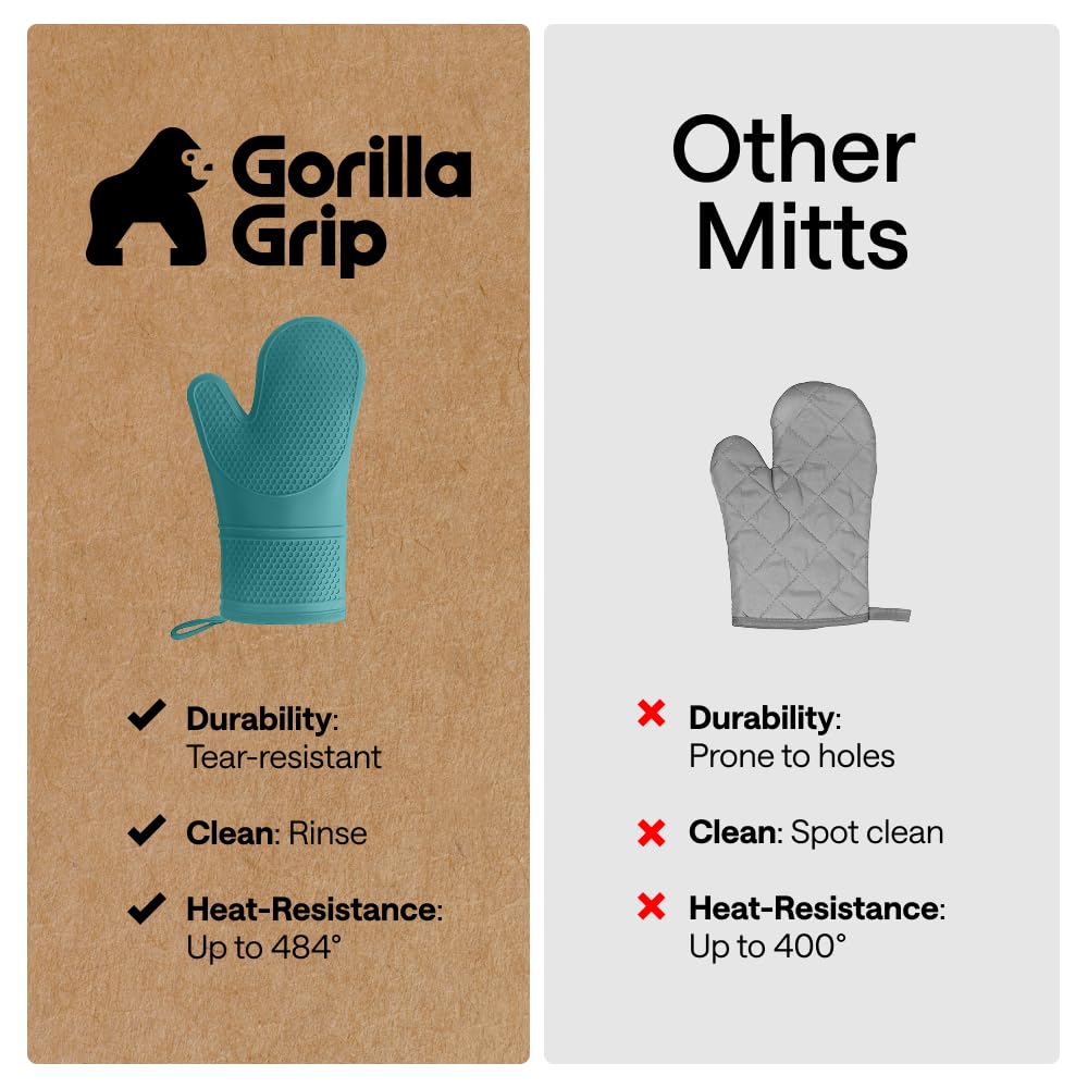 GORILLA GRIP long mitts offer extended forearm coverage during cooking.