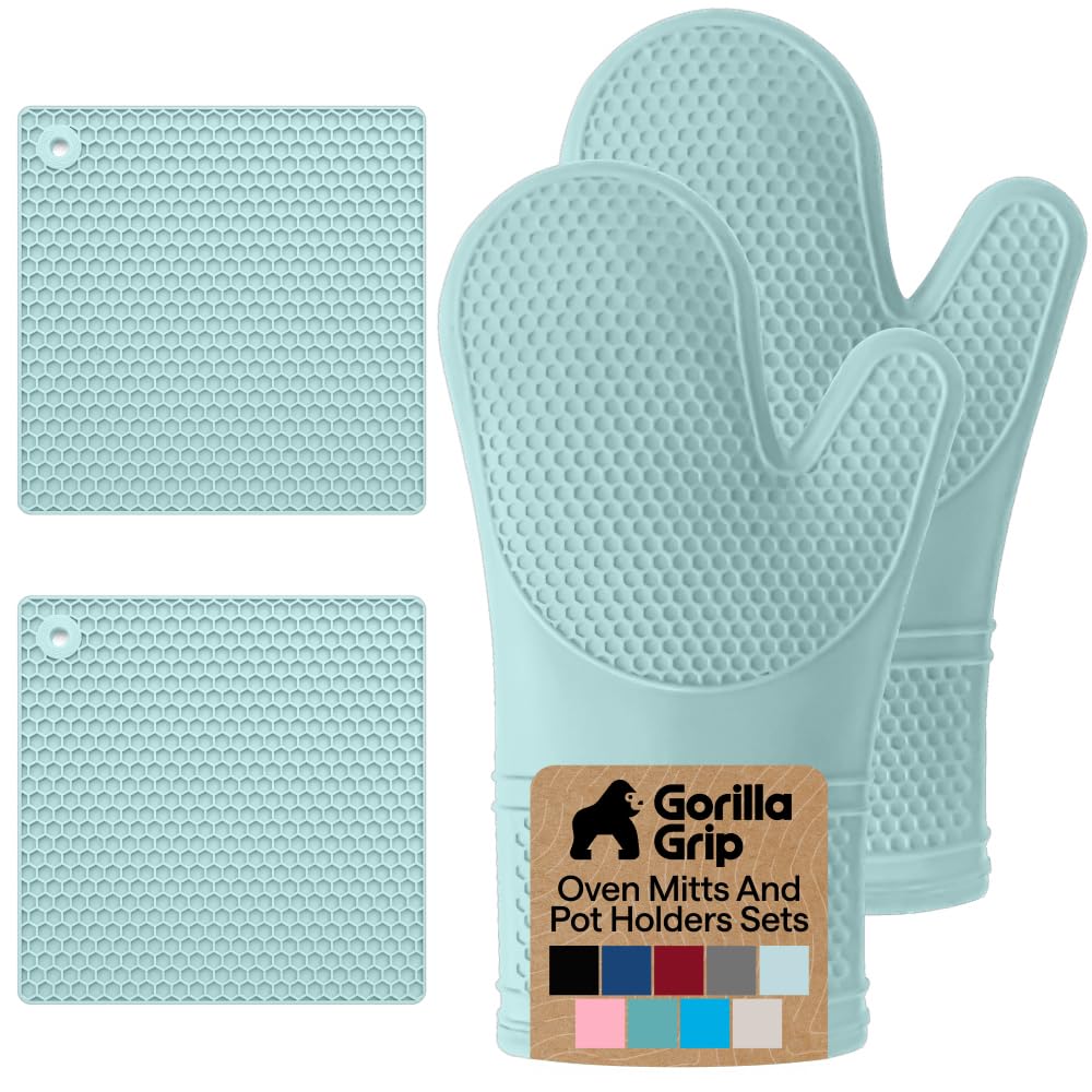 GORILLA GRIP mint silicone oven mitt providing secure grip on hot pans