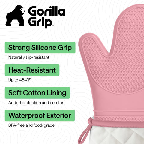 Gorilla Grip silicone mitt stays waterproof and easy to wipe clean for quick kitchen cleanup.