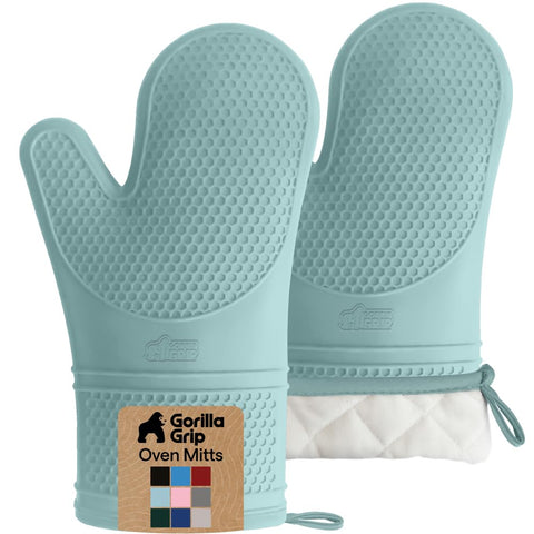 GORILLA GRIP mint oven mitt with honeycomb texture for a secure grip on hot pans.