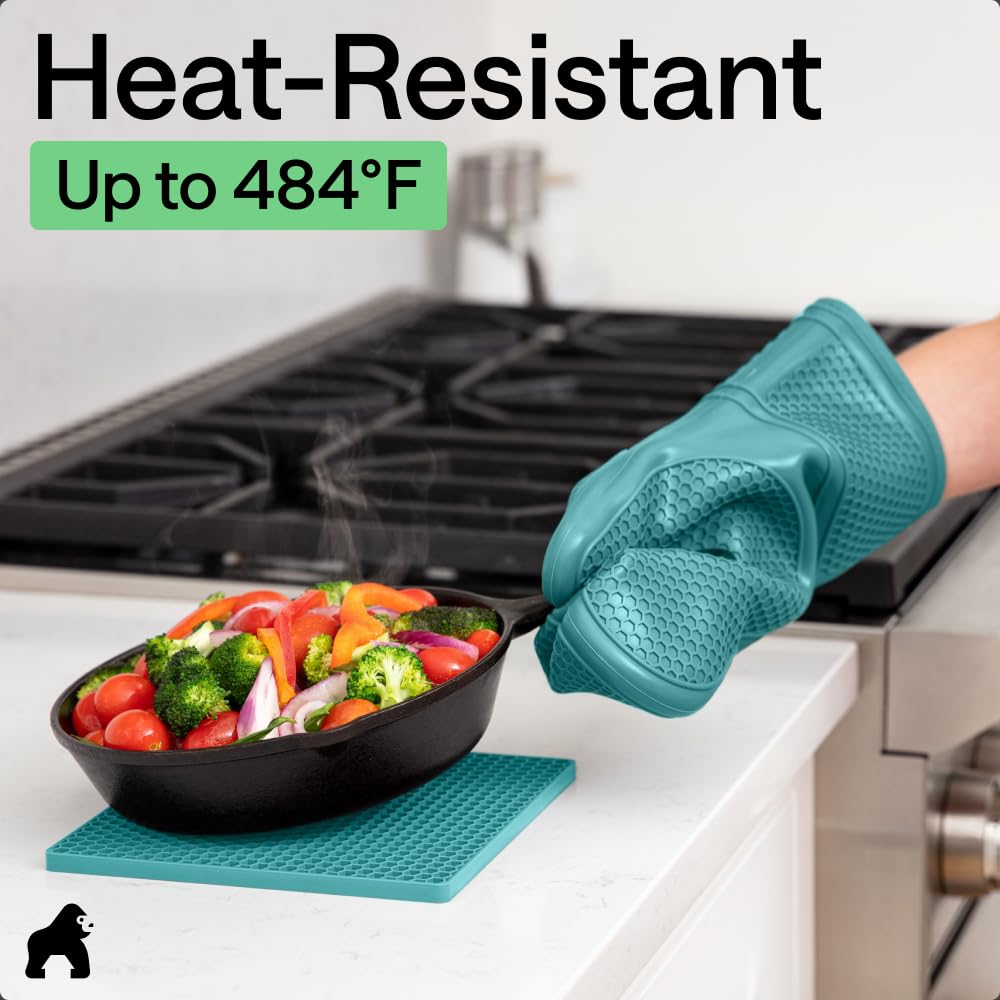 Gorilla Grip turquoise silicone mitt and trivets add vibrant kitchen style
