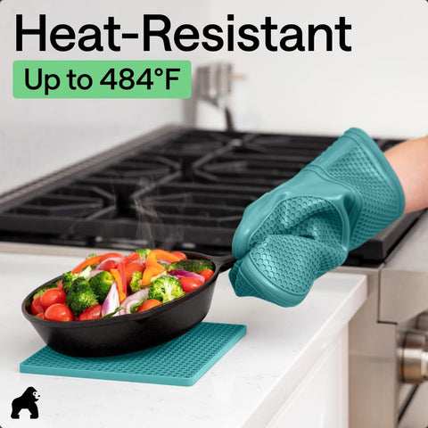 Gorilla Grip turquoise silicone mitt and trivets add vibrant kitchen style