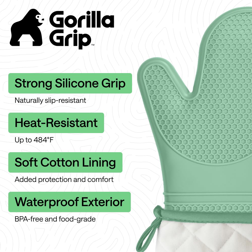 GORILLA GRIP silicone mitt shows waterproof surface resists stains during busy cooking sessions.