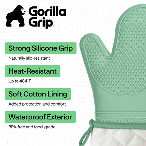 GORILLA GRIP silicone mitt shows waterproof surface resists stains during busy cooking sessions.