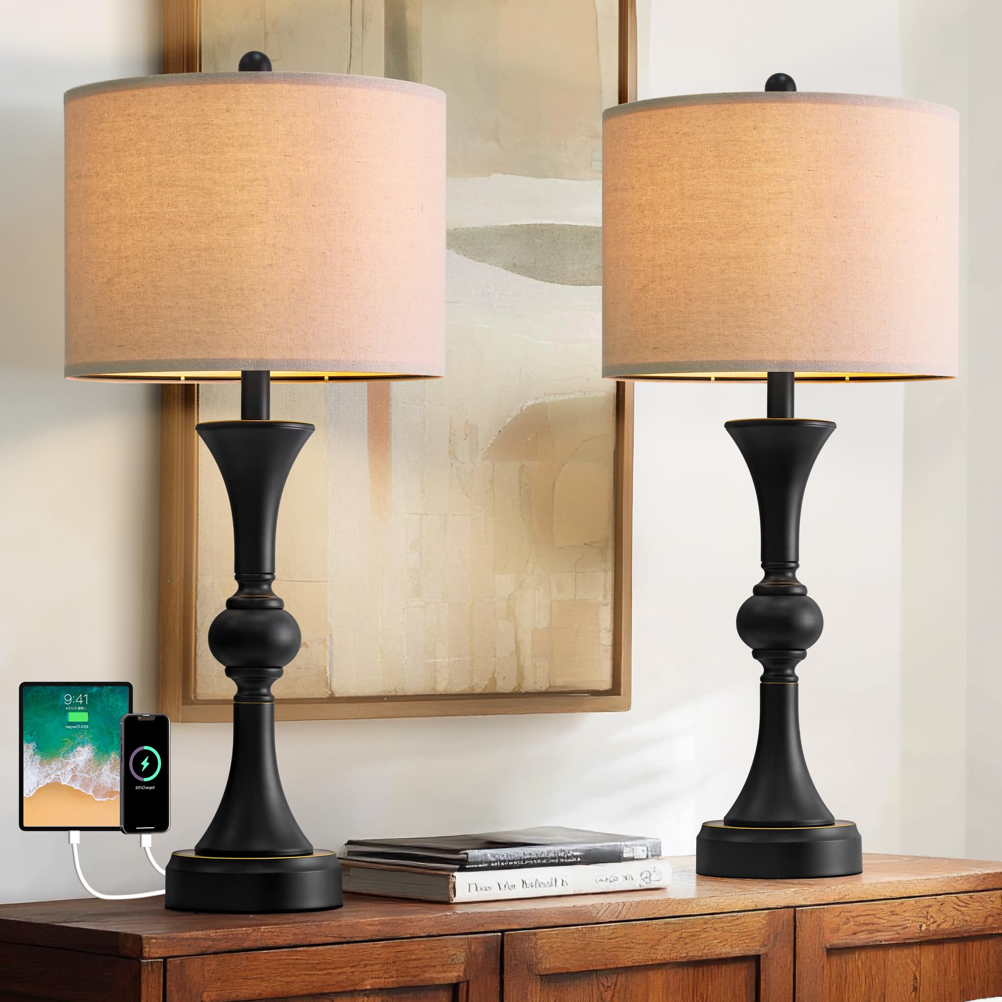 Gormena table lamps with 28-inch base add subtle elegance to bedside spaces.