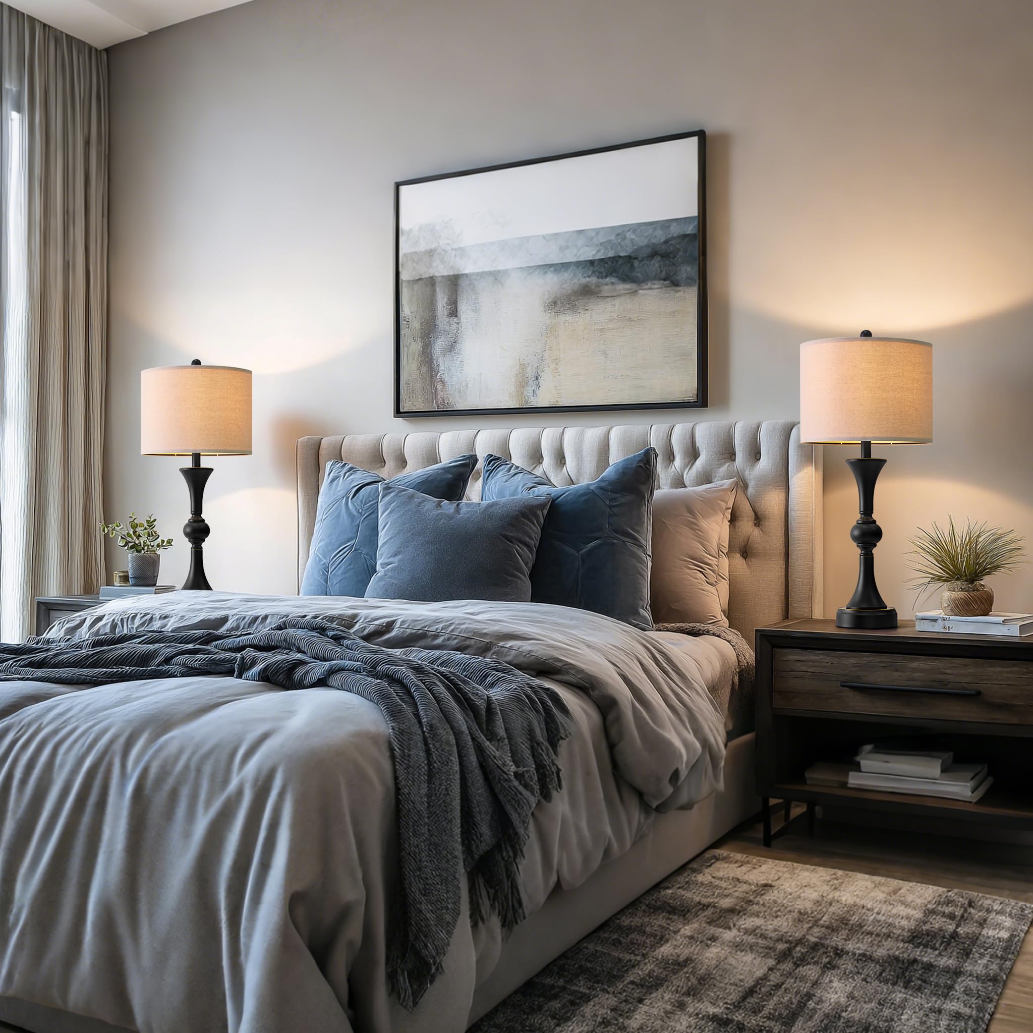 Gormena table lamps 28-inch shade create warm, diffused lighting for corners.