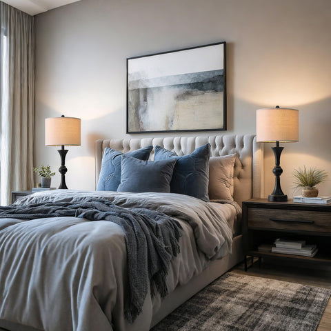 Gormena table lamps 28-inch shade create warm, diffused lighting for corners.