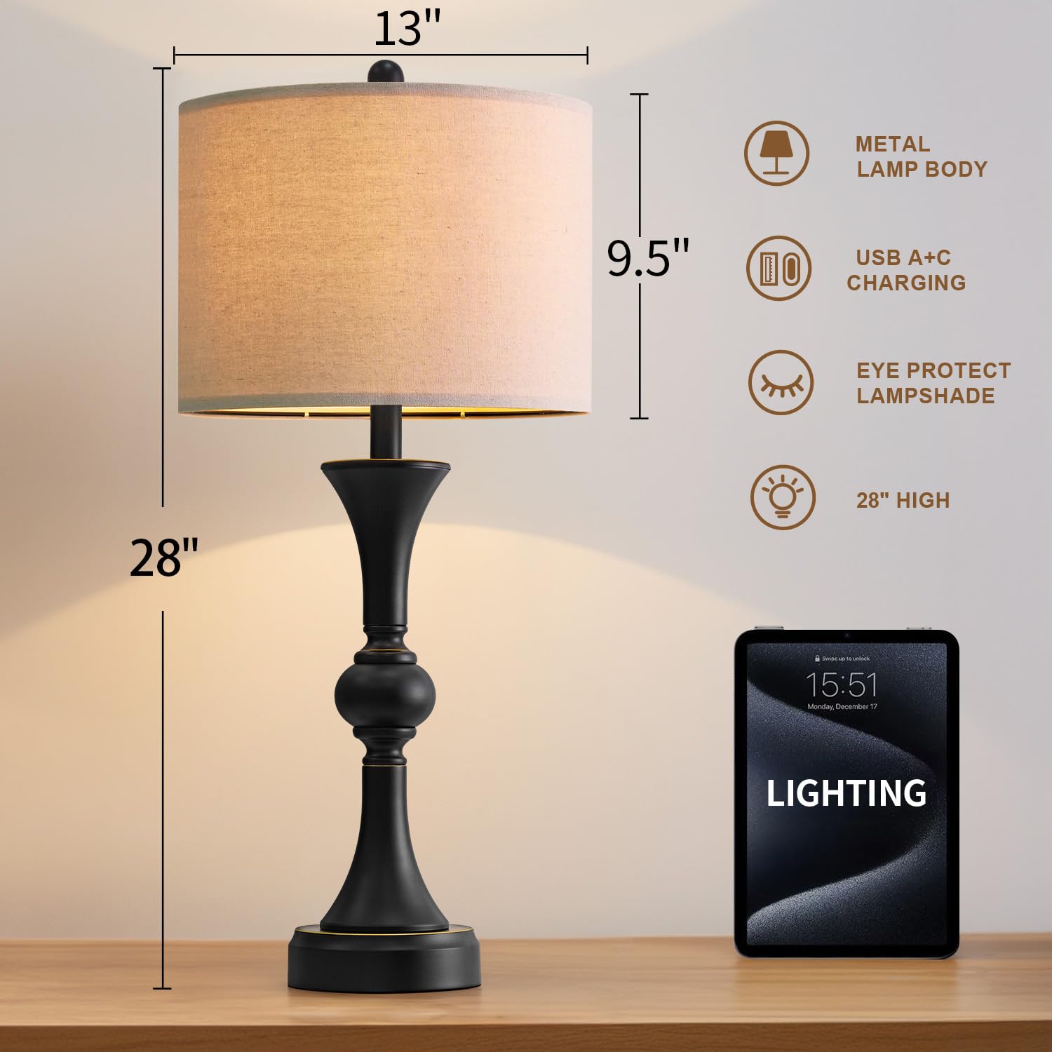 Gormena table lamps USB-A and USB-C ports for easy charging.