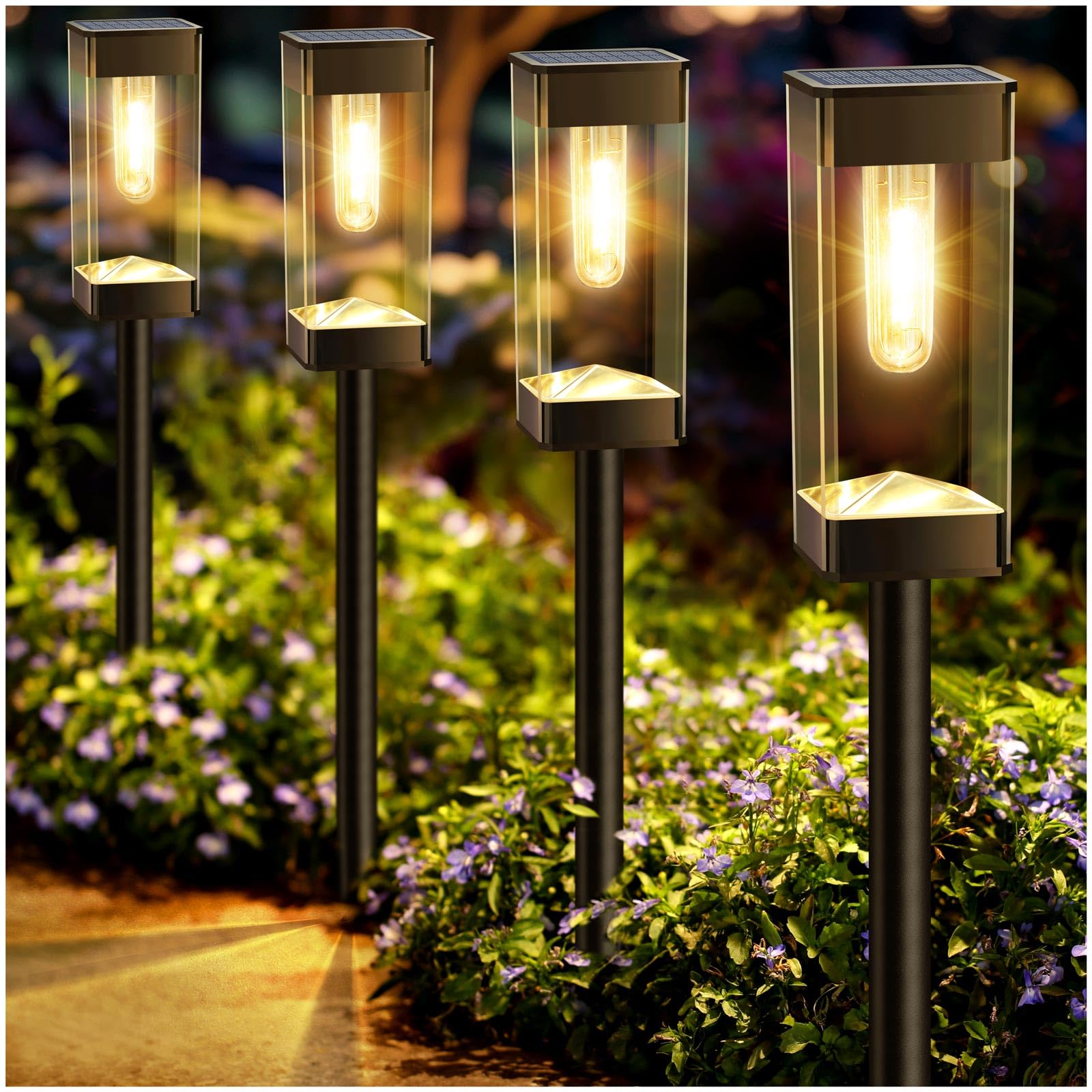 Gorrzai Bright Solar Pathway Light with rectangular transparent shade for even ground illumination.