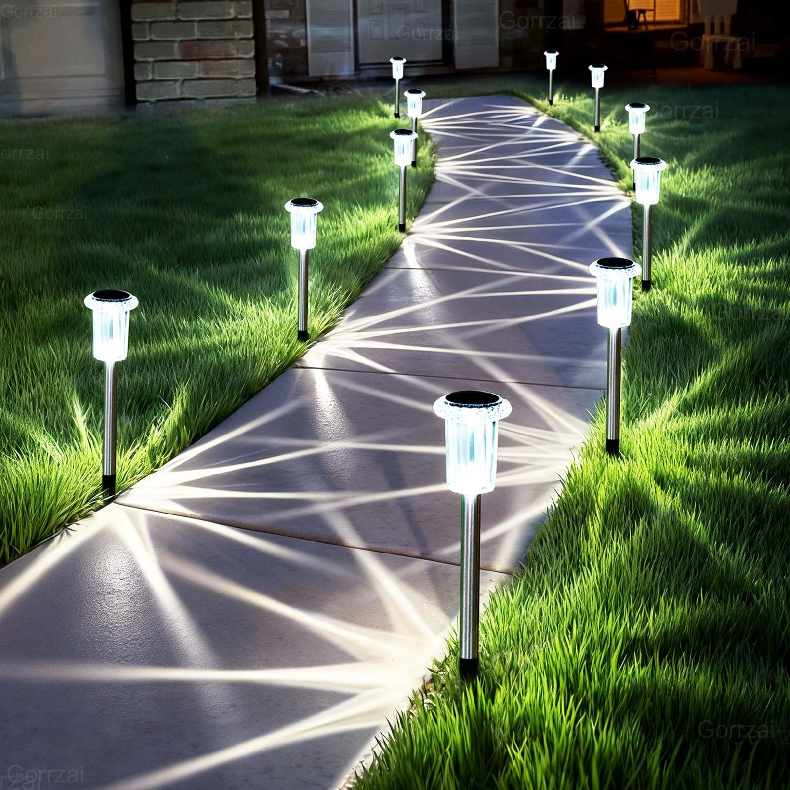 Gorrzai solar pathway light with diamond-clear lampshade brightens walkways at night.