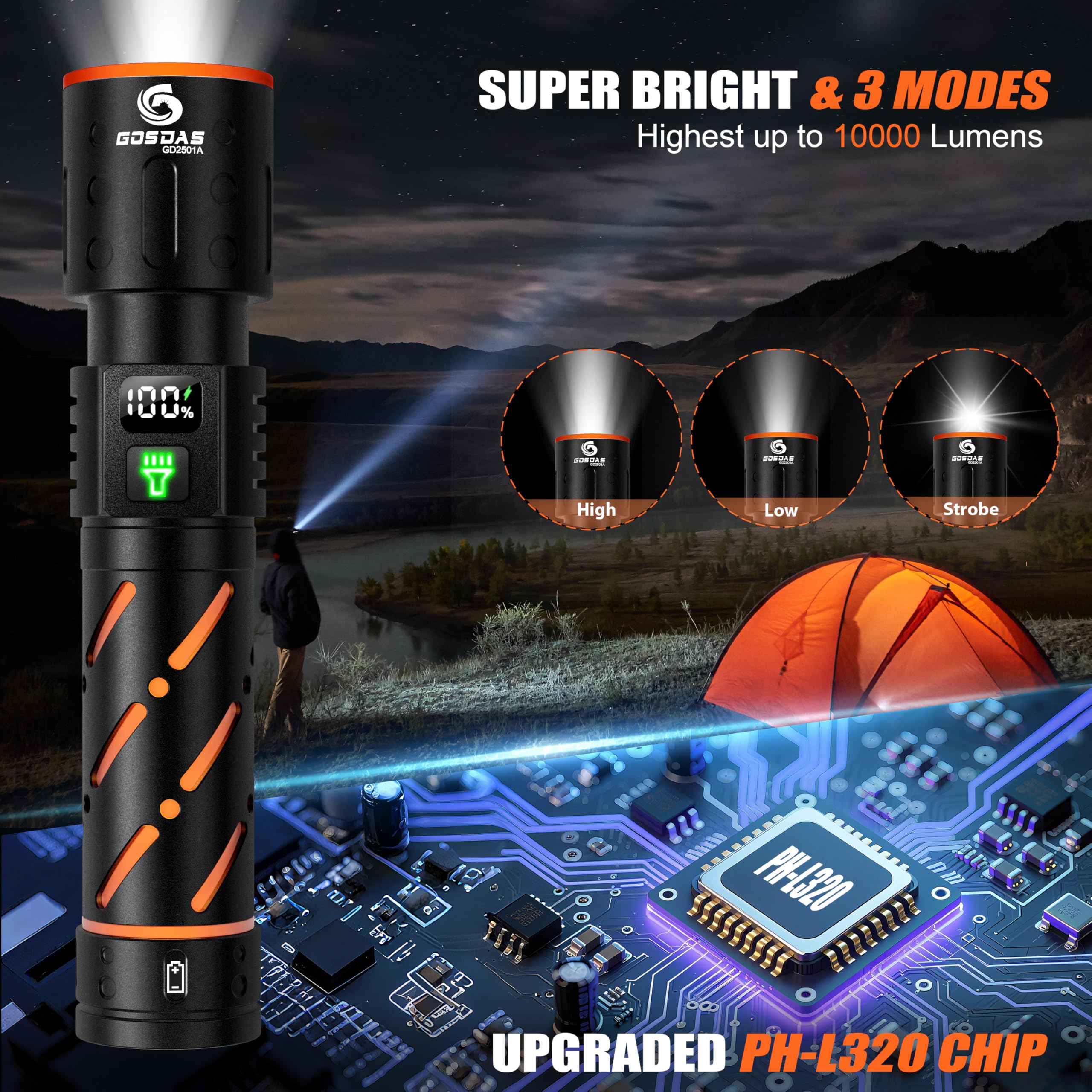 Gosdas LED 30W flashlight long-range beam up to 2000 ft for outdoor visibility.