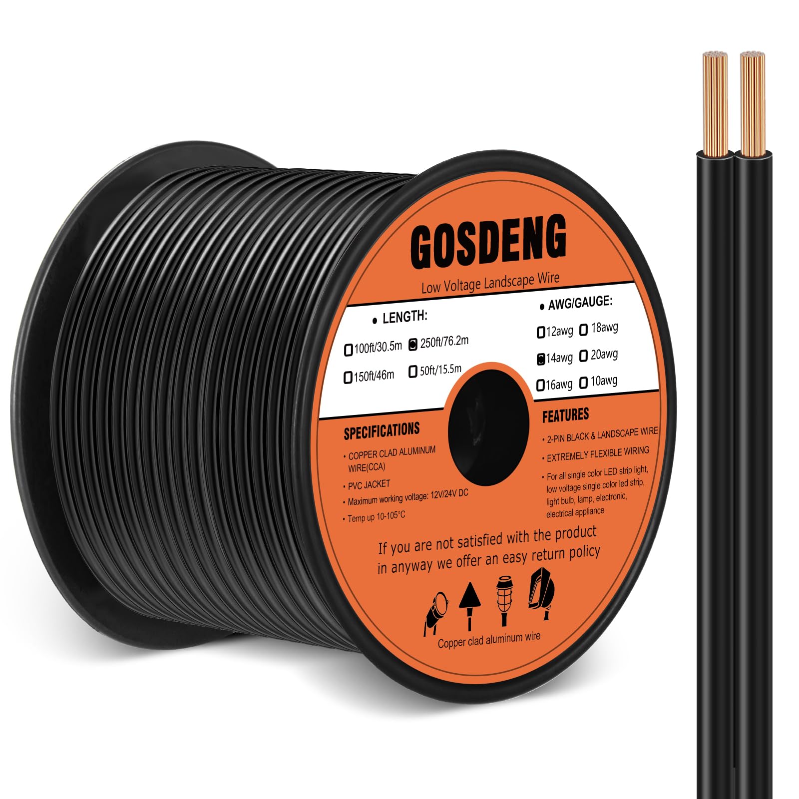 GOSDENG 14/2 low voltage wire on a spool for durable outdoor lighting installations.
