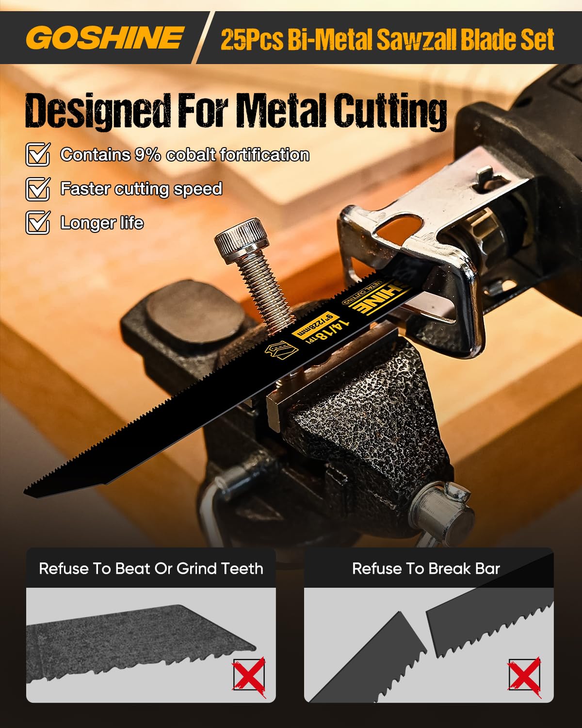 GOSHINE 9-inch blade in action cutting a metal plate.